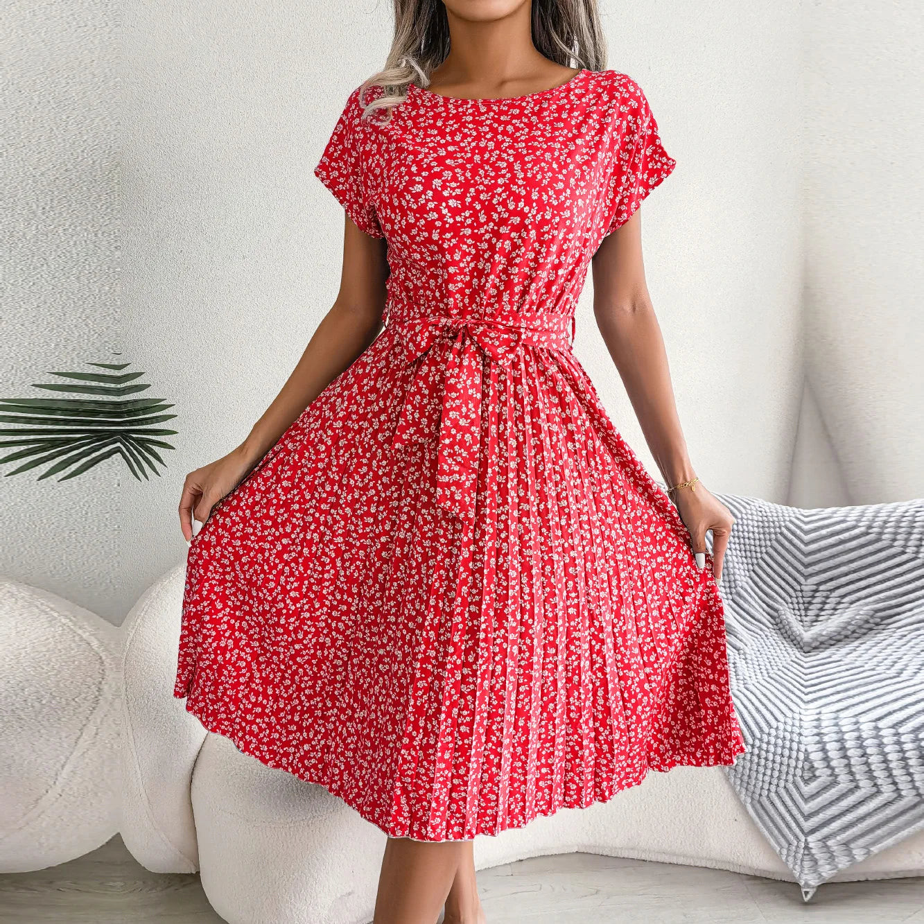 Women Dresses™ Spring Summer Short Sleeve High Waist Floral Pleated A Line Long Dress