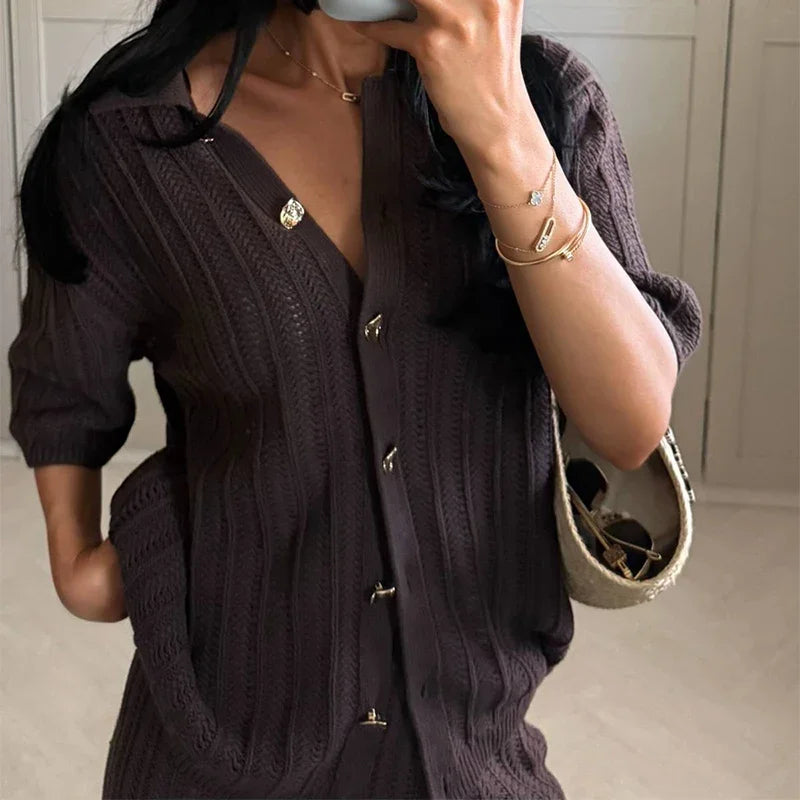 Women's Knitted Pants & Tops Set™ Turn Down Collar Half Sleeve Tops & Elastic Waist Straight Trousers Outfits