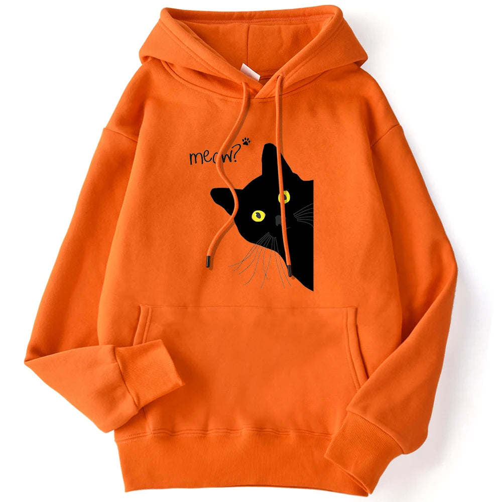 Women's Hoodies™ Meow Black Cat Printed Pullover Pocket Drop Sleeves Loose Hoodies