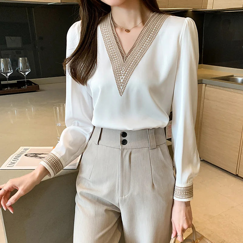 Women's Elegant Chiffon Shirt™ White V Neck Casual Loose Long Sleeve T-shirt