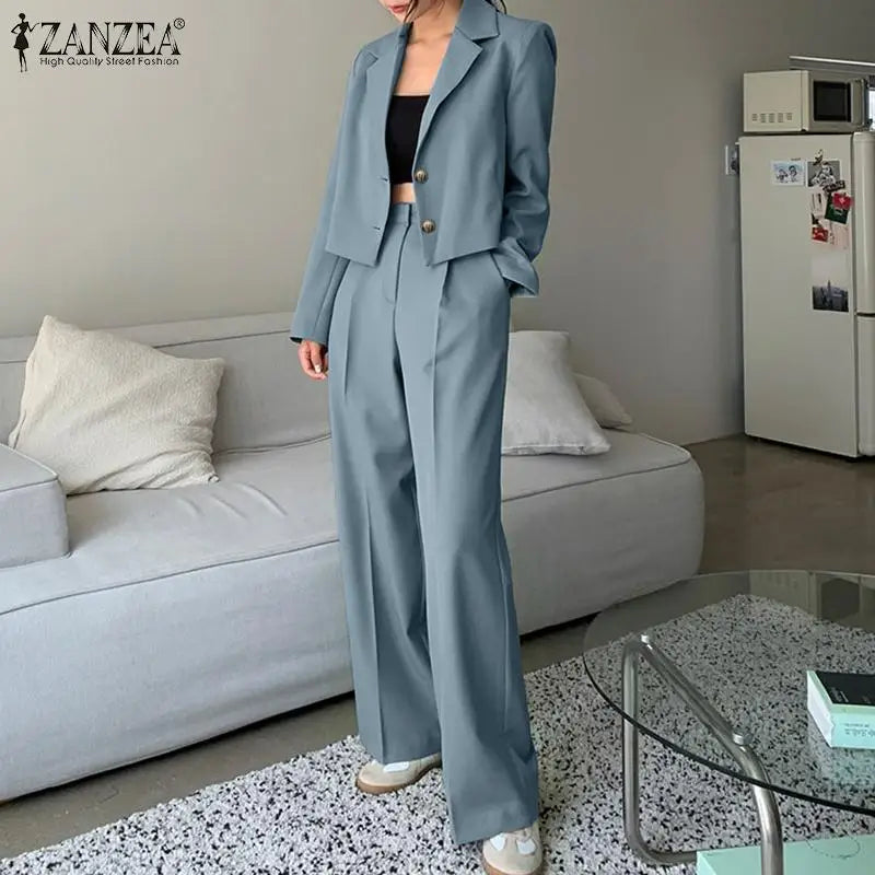 Women's Vintage Tracksuit™ ZANZEA Elegant Blazer Long Sleeve Tops Wide Leg Pants Work Suit