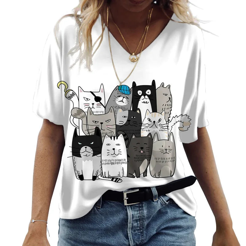 Women's Cartoon Cat Print T-shirt™ Summer Short Sleeve V-Neck Kawaii Fashion Tees