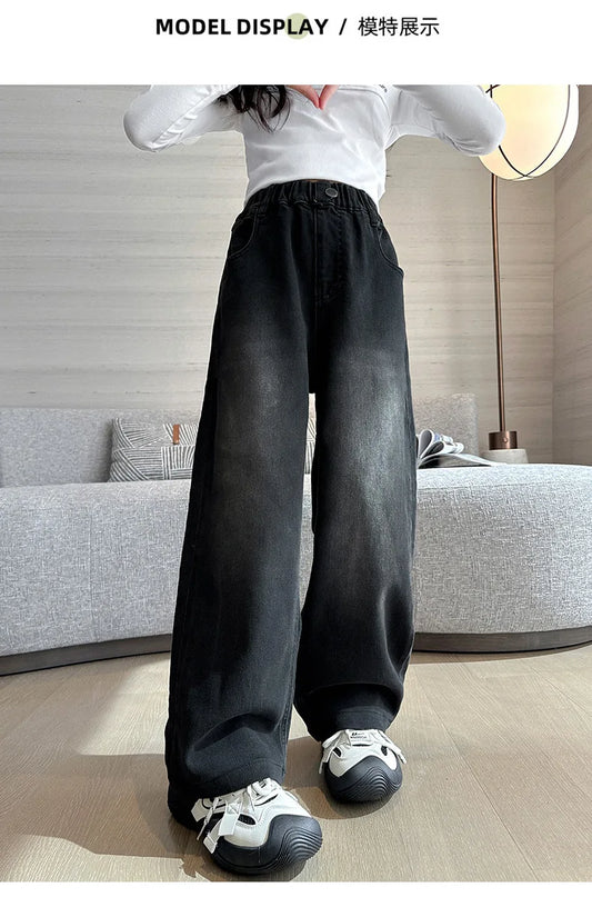Girls Jeans Vintage Denim Wide Leg Pants™ Kids Casual Solid Trousers