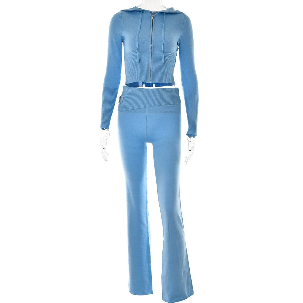Women's Knitted Tracksuit™ Long Sleeve Zipper Hooded Sweater Crop Top Flare Pants Stretch Matching Suit Outfit