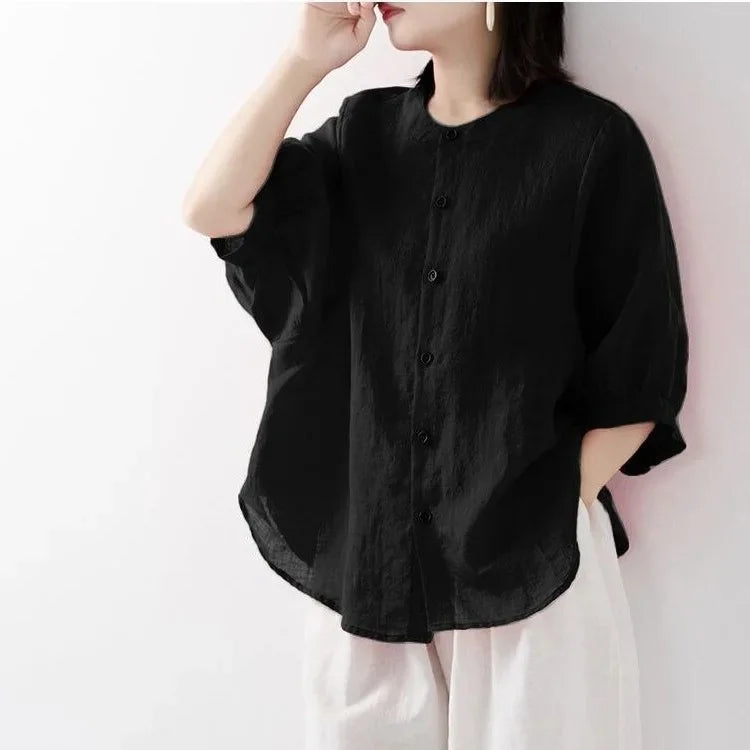 Women's Cotton Linen Shirts™ Loose Fit Round Neck Plus Lantern Sleeve Shirt
