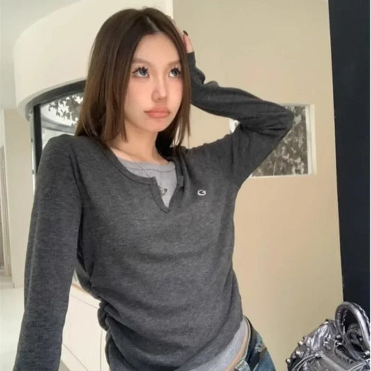 Women's T-Shirt™ Long Sleeves Korean Fashion Style O-neck Fake two items T-shirt
