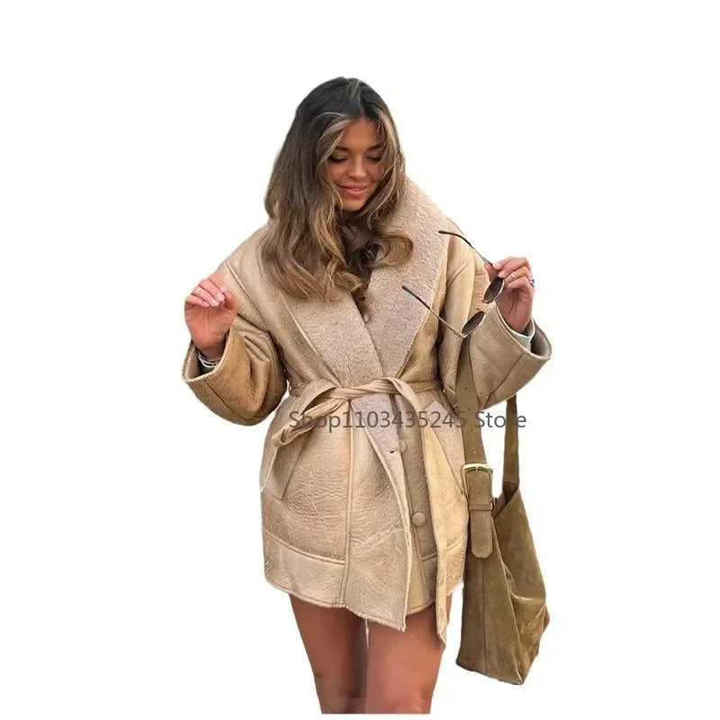 Women's Sheepskin Neck Spliced Faux Leather Coat™ With Belt Fashion Loose Lapel Pocket Overcoat Winter Warm Thicken Streetwear