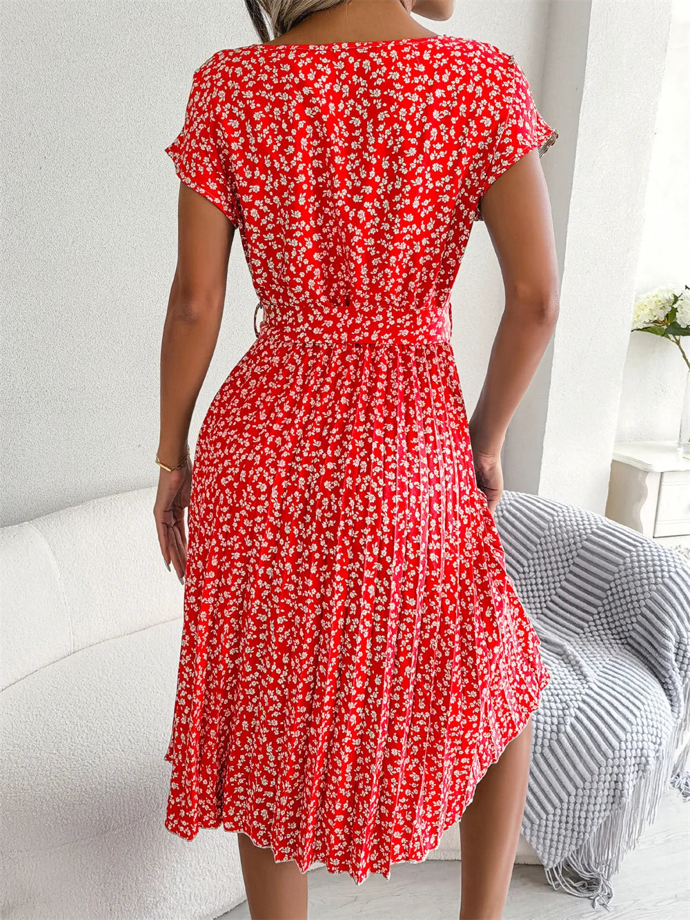 Women Dresses™ Spring Summer Short Sleeve High Waist Floral Pleated A Line Long Dress