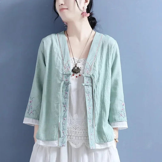 Women's V-neck Cotton Cable Knit T-shirt™ Double Button Seven Half Sleeve Vintage Cardigan