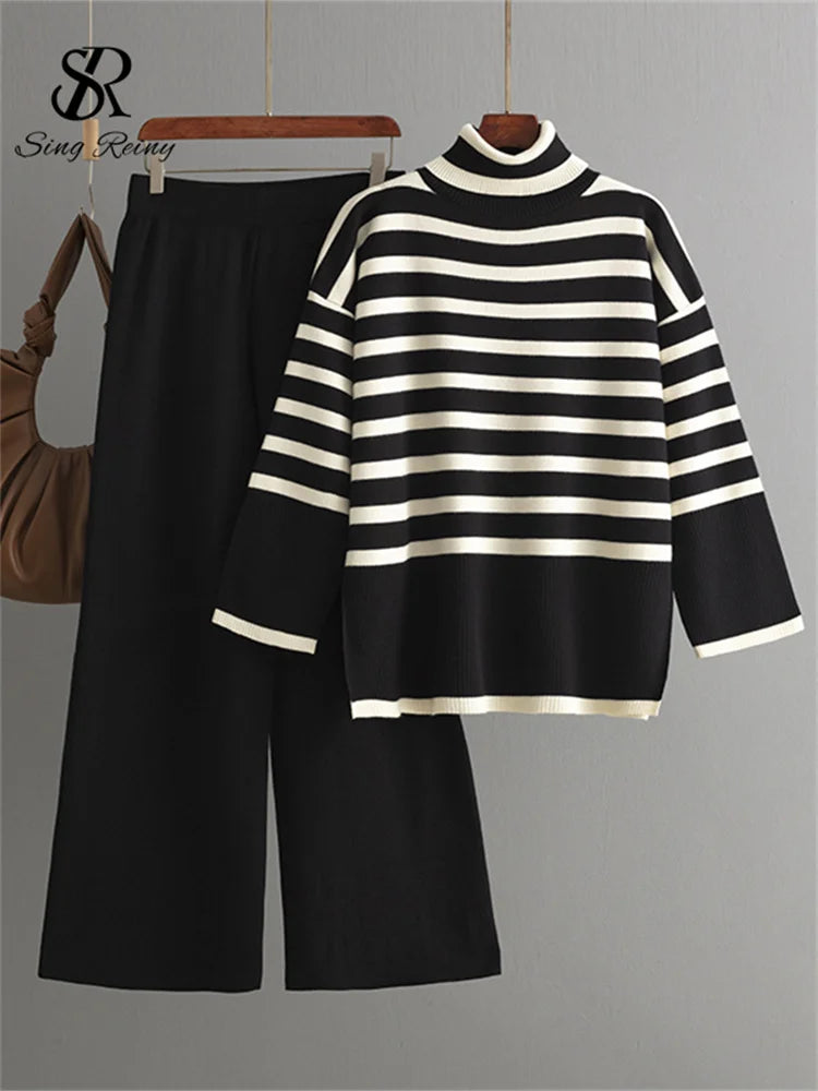 Women's Suits™ SINGREINY Striped Turtleneck Sweater High Waist Wide Leg Pants Knitted Loose Suits
