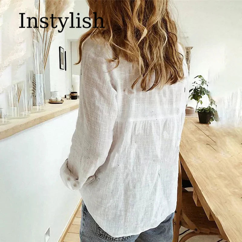 Women's Elegant Cotton Linen Shirts™ Casual Solid Button Lapel Long Sleeve Loose Shirts