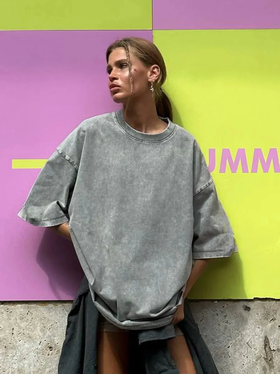 Women's Cotton Washed T-shirt™ O-Neck Oversized Solid Short Sleeve Tops