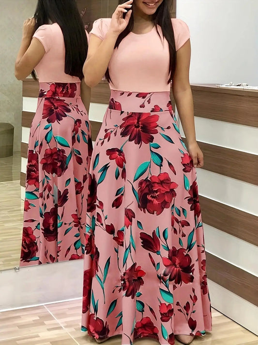 Women's Short Sleeves Dress™ Style flower print color matching short sleeved dresses