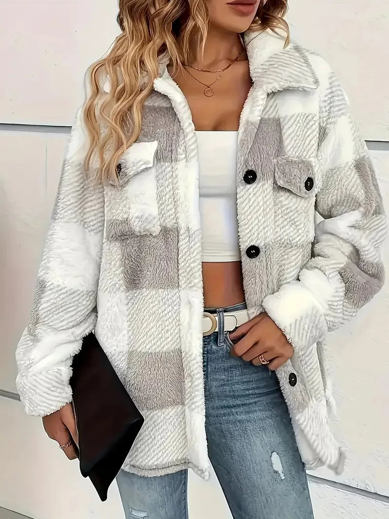 Women's Jacket™ Open-button lapel plaid coat plaid pattern button front jacket warm