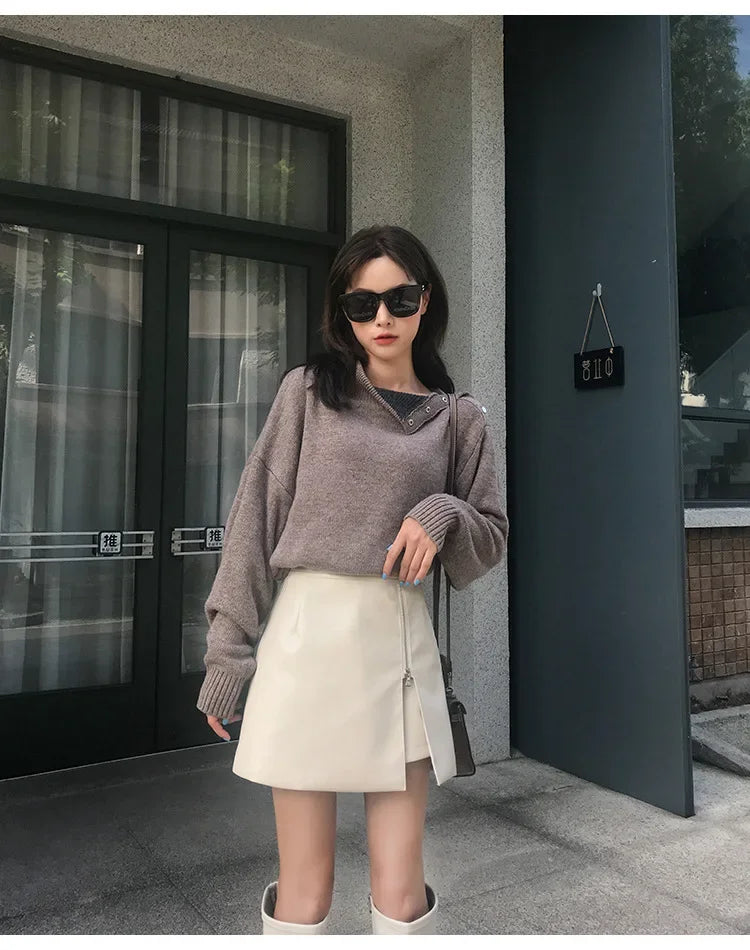 Women's Mini Dress™ Fashionable Zippered Pu Leather Slimming High-waisted A- line Skirt