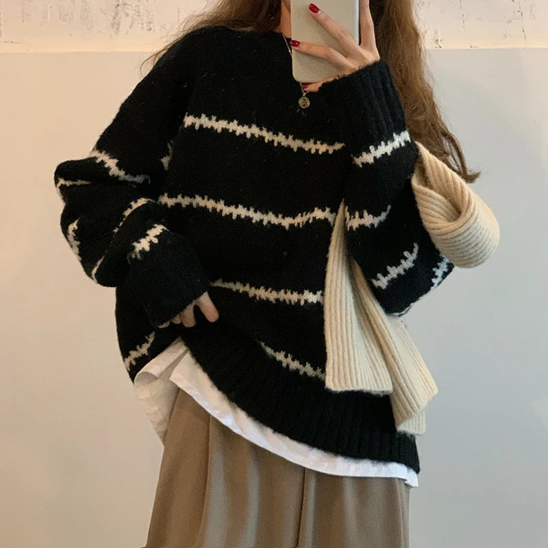 Women's Casual Pullovers™ Knitted Korean Loose Striped O-neck Long Sleeve Sweater