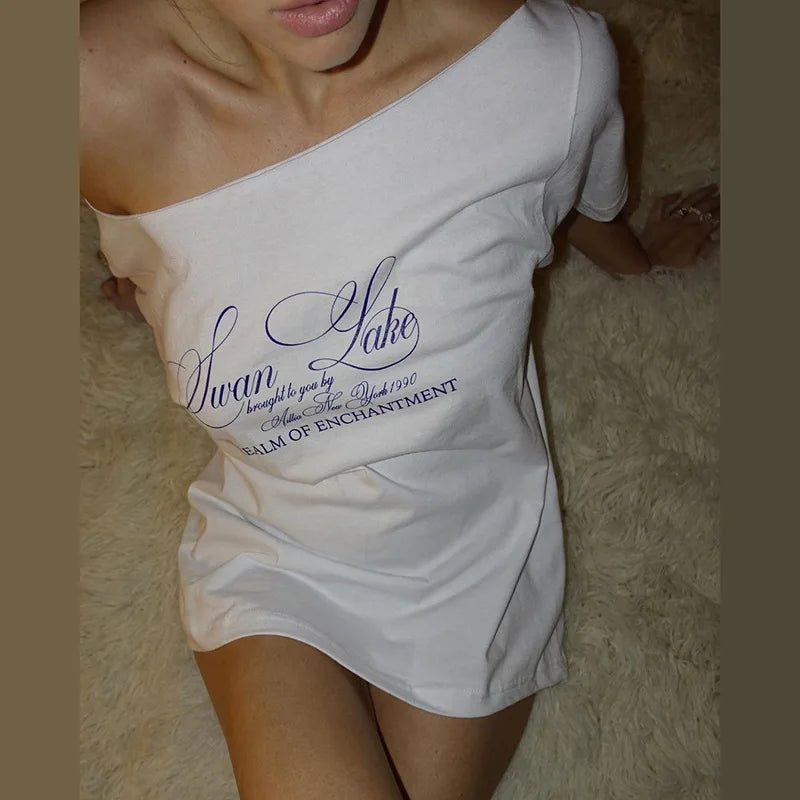 Women's Summer T-Shirt™ Letter Print Graphic Oversized One Shoulder Tops