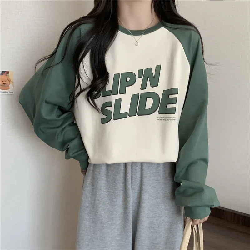 Women's Letter Printed T-Shirt™ Autumn Winter Thickened Frosted Color Block Shoulder Sleeve Lazy Loose Large Version Round Neck T-Shirt