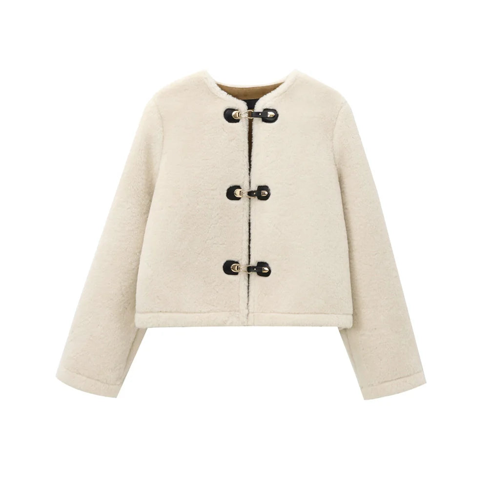 Women's Thick Warm Faux Fur Jacket™ TRAF Long Sleeve Coat, Front Toggle Coat