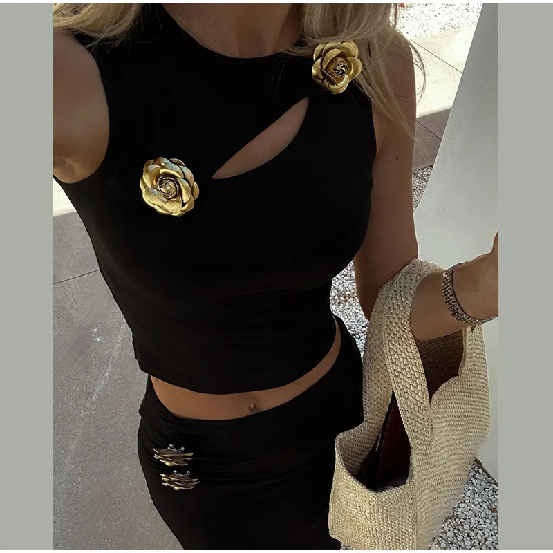 Women's Flower Hollow Out Suit™ Women Top Slim Sleeveless Tank High Waist Hip Package Skirt Suit
