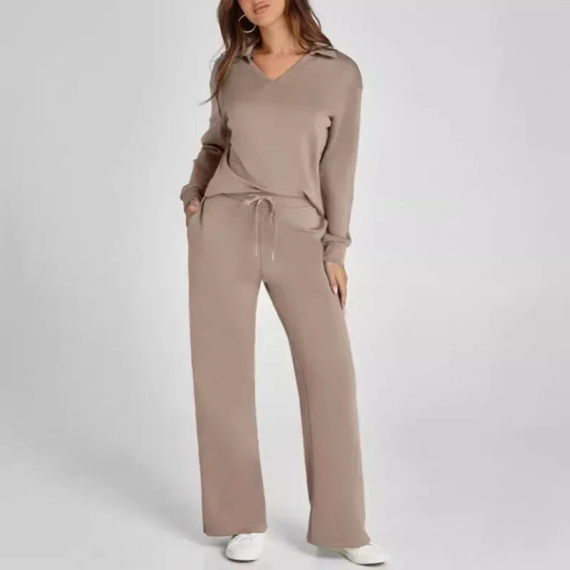 Women's 2 Piece Set™ Loose Long Sleeve V-Neck Top with Drawstring Elastic Waist Bell BottomsSet