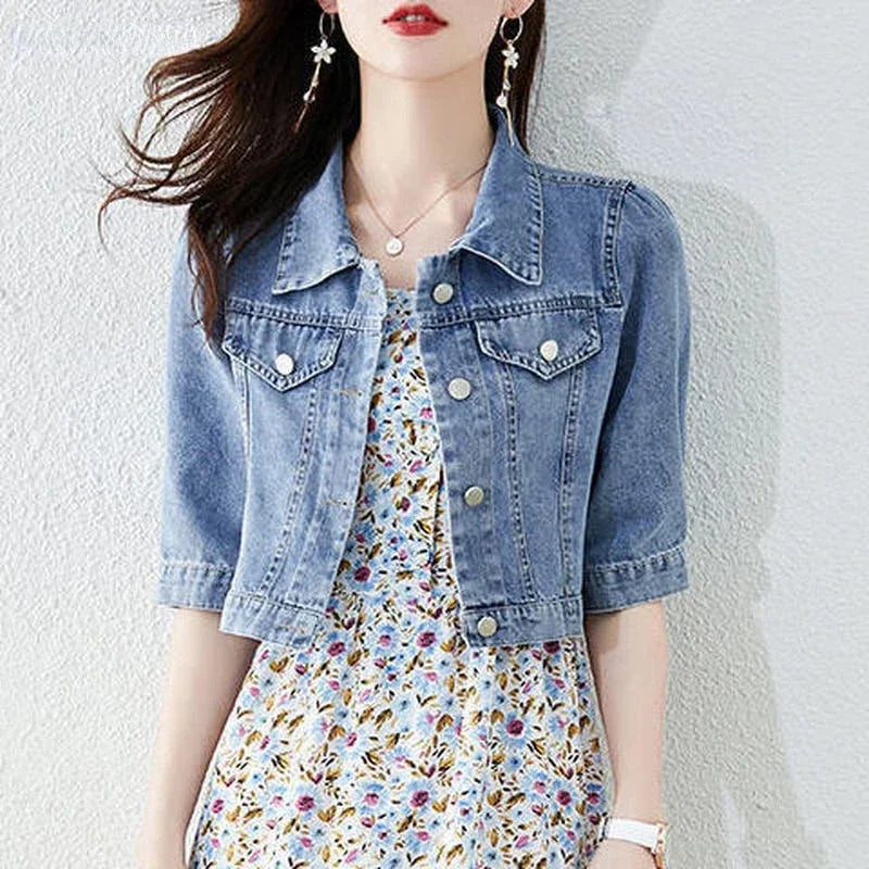 Women's Vintage Crops Turn Down Collar Jackets™ Half Sleeve Denim Fit Harajuku Outwear