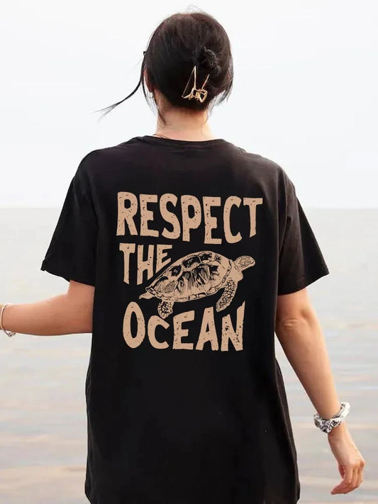 Respect The Ocean Green Turtle Printed Women's T-shirts™ Short Sleeve O-Neck T-shirts