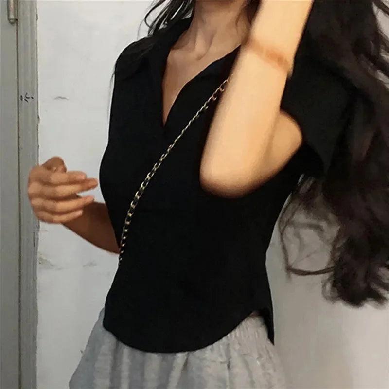 Women's Summer Short Sleeve Lapel Tops™ V-Neck Retro Slim Versatile Tee