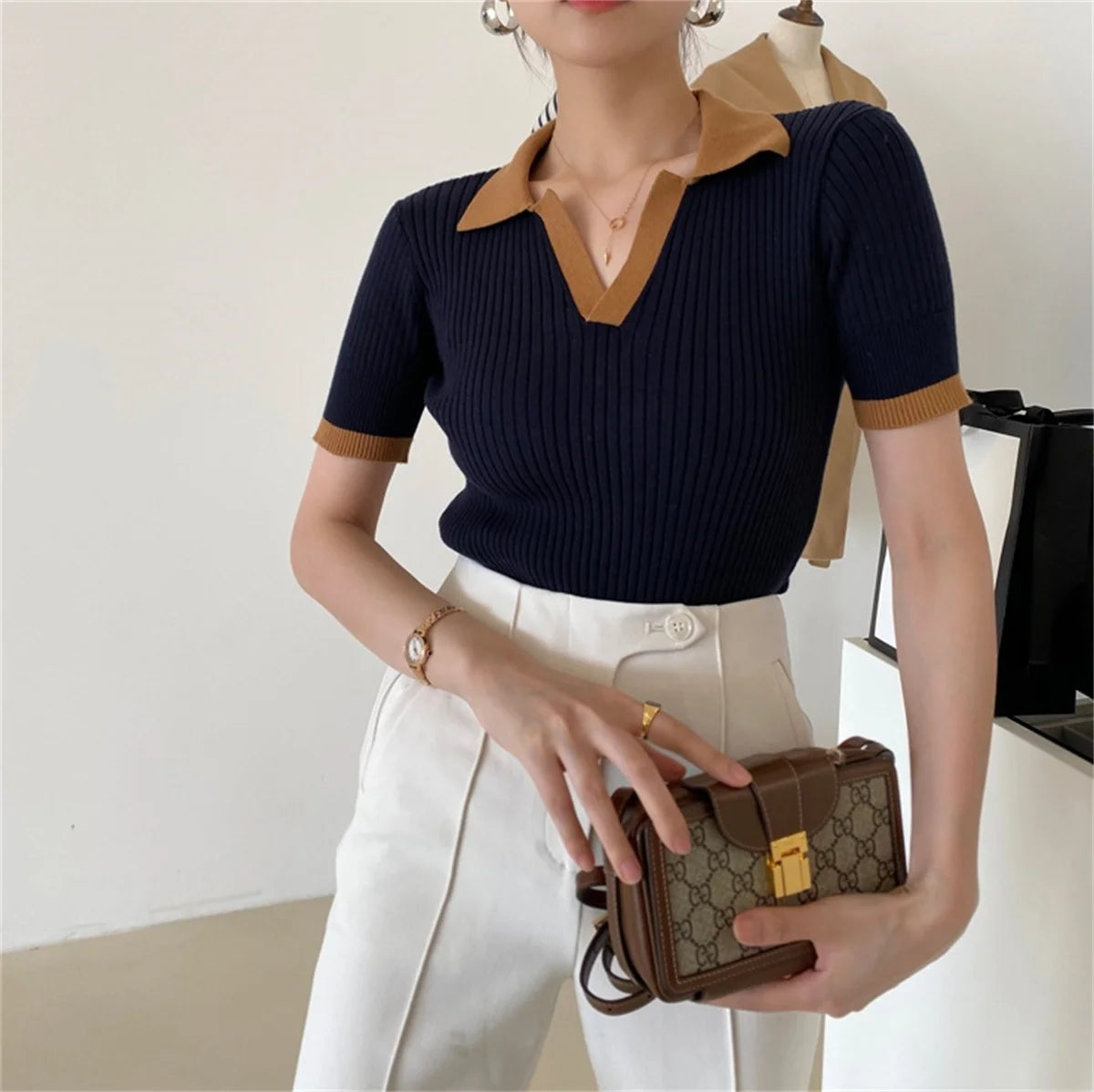 Women's V Neck Knitted Tops™ Short Sleeve Slim Casual Vintage T-shirt