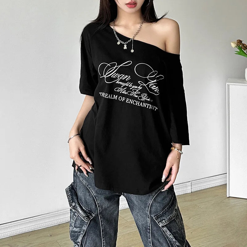 Women's Summer T-Shirt™ Letter Print Graphic Oversized One Shoulder Tops