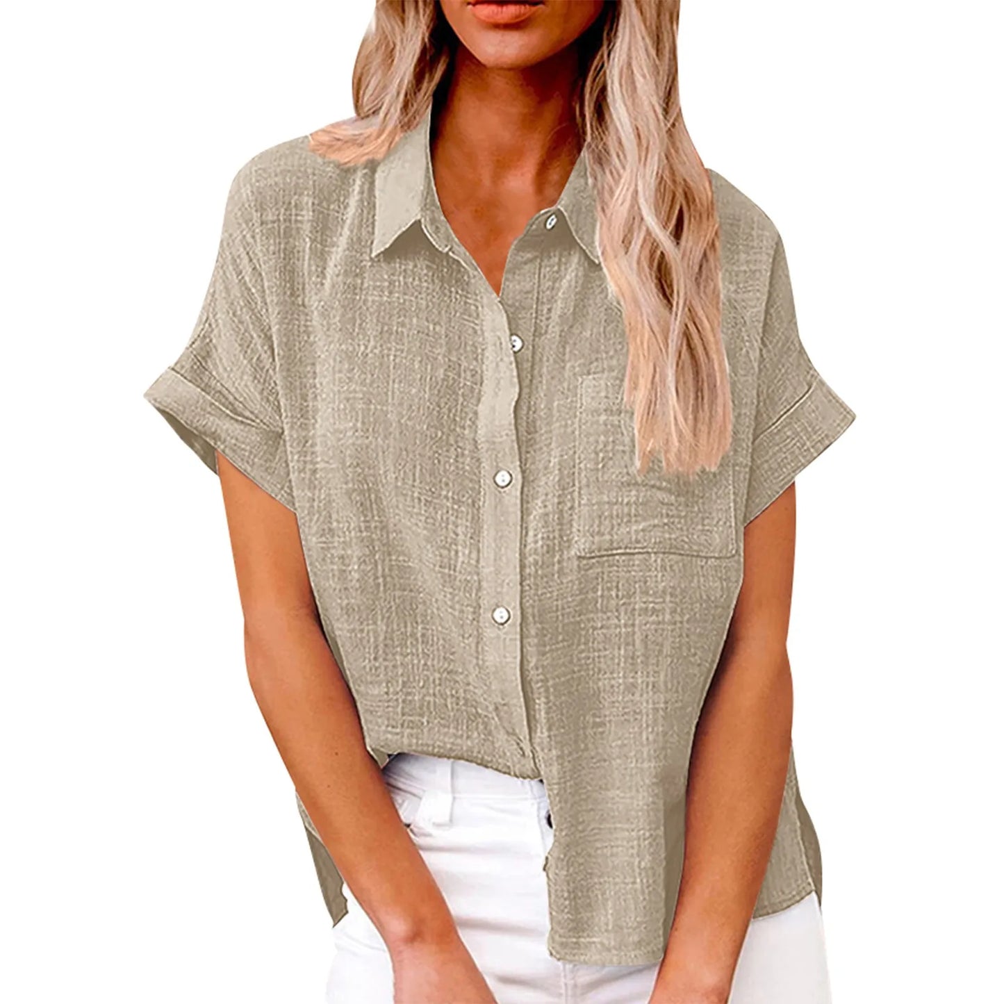 Women's  Cotton Linen Classic Shirts™ Short Sleeve Lapel Button Down Shirt