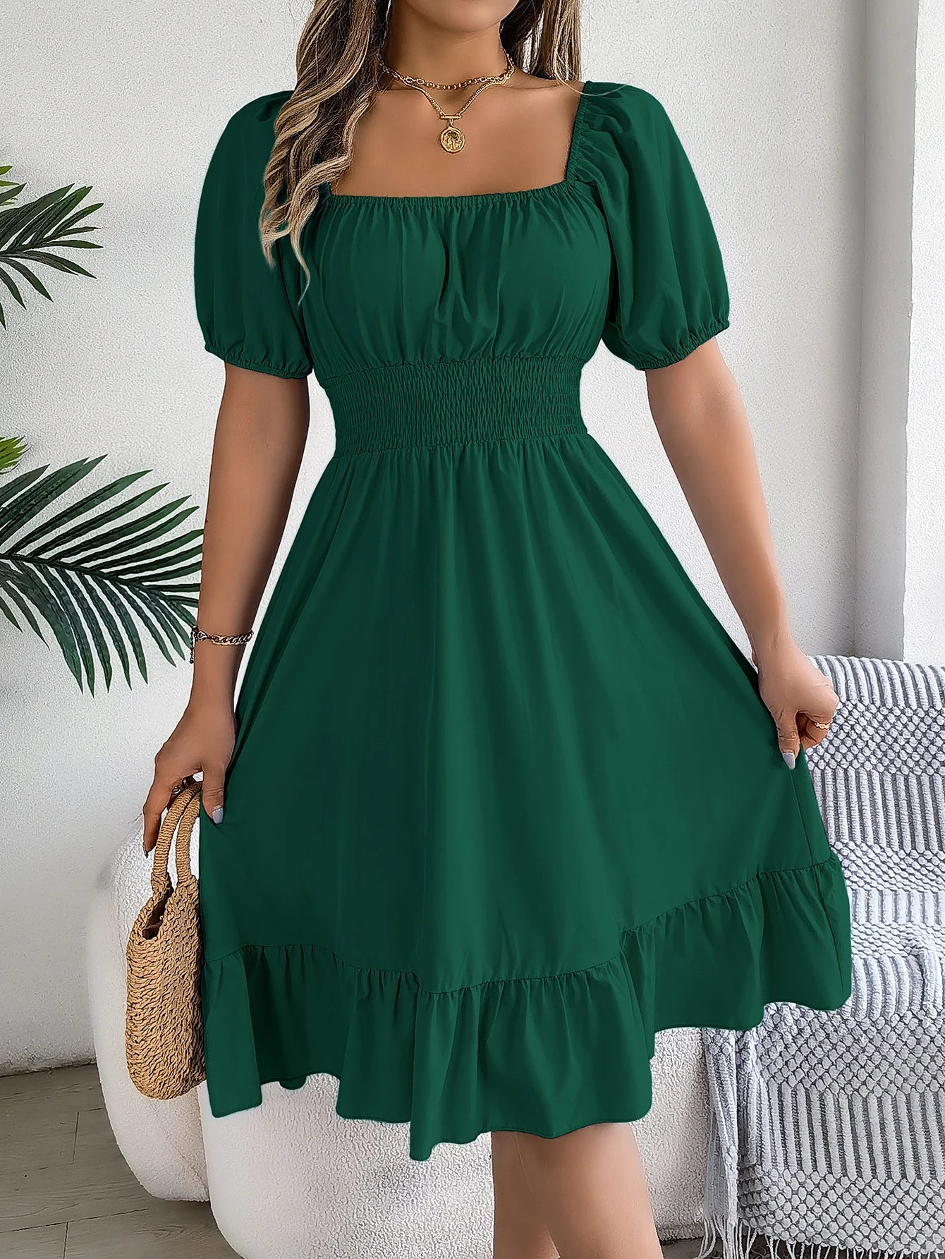 Women's Solid Puff Sleeve Square Neck Dress™ Ruched Bust Ruffle Hem Waist Dress,