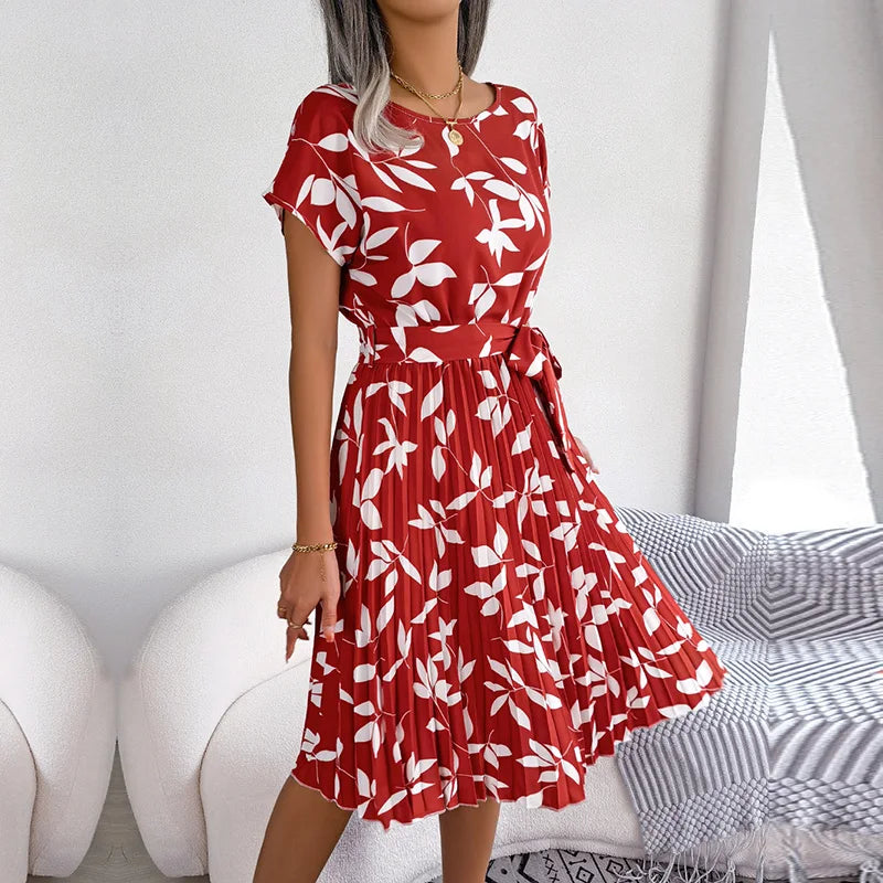 Women Dresses™ Spring Summer Short Sleeve High Waist Floral Pleated A Line Long Dress