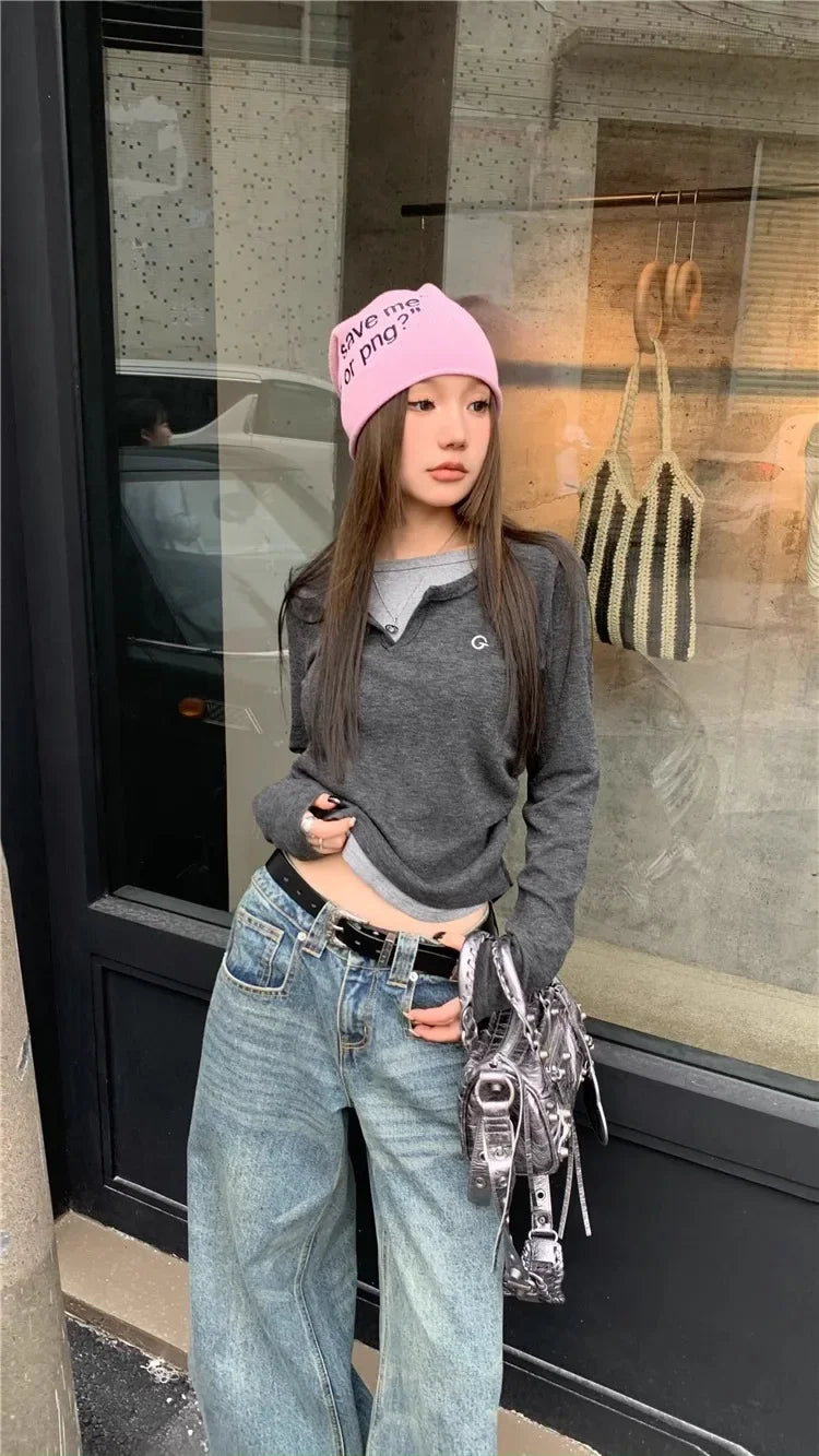 Women's T-Shirt™ Long Sleeves Korean Fashion Style O-neck Fake two items T-shirt