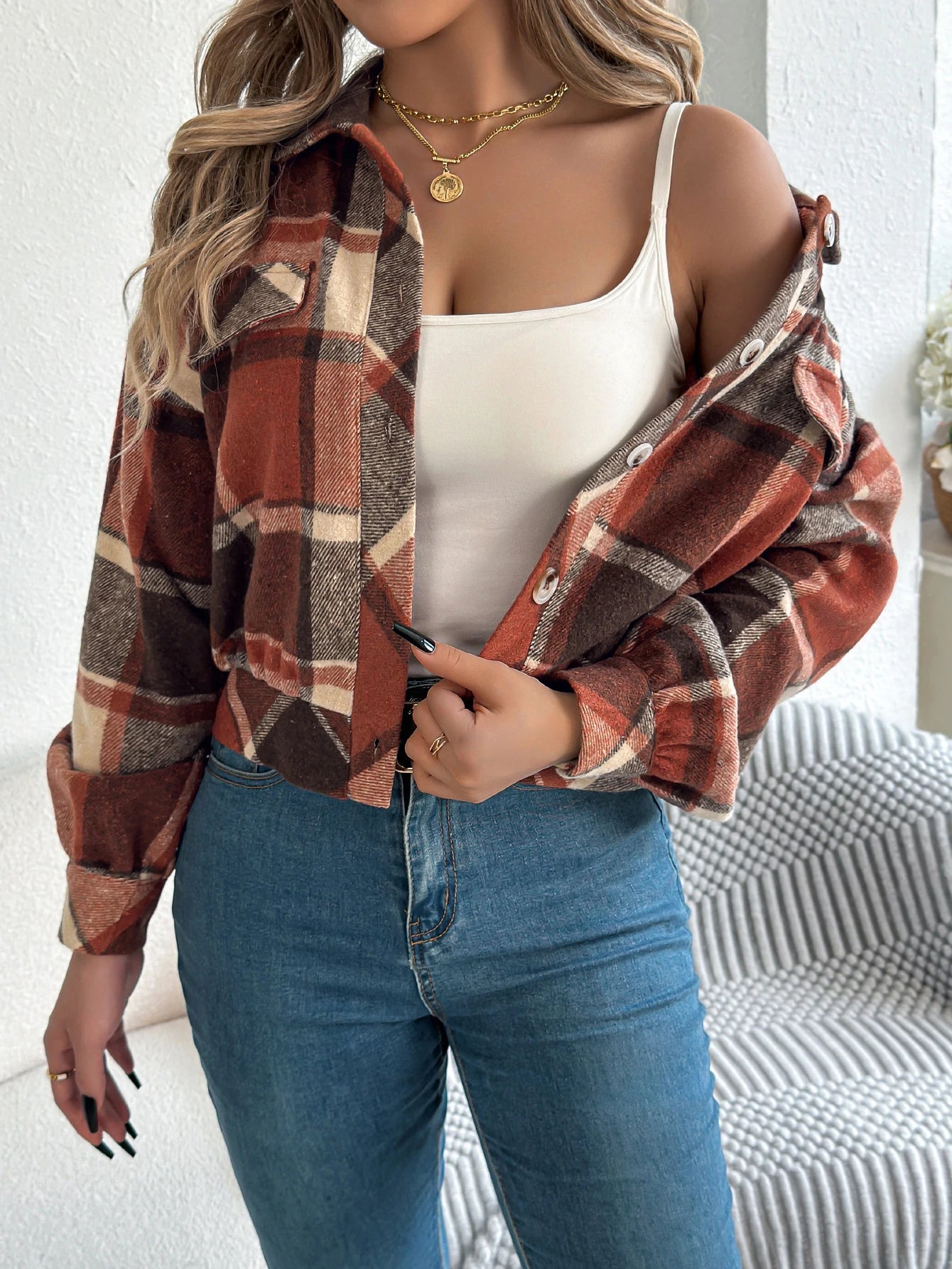 Women's Plaid Short Coat™ Lantern Long Sleeve Turn-Down Collar Button Woolen Jacket