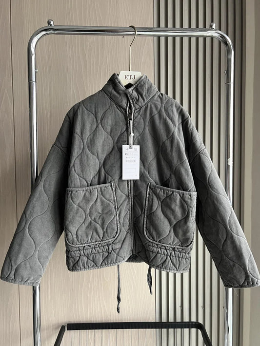 ZW Women's Cotton Jacket™ Traf New Arrival Vintage Lensing Rayon High Collar Large Pocket Quilted Coat