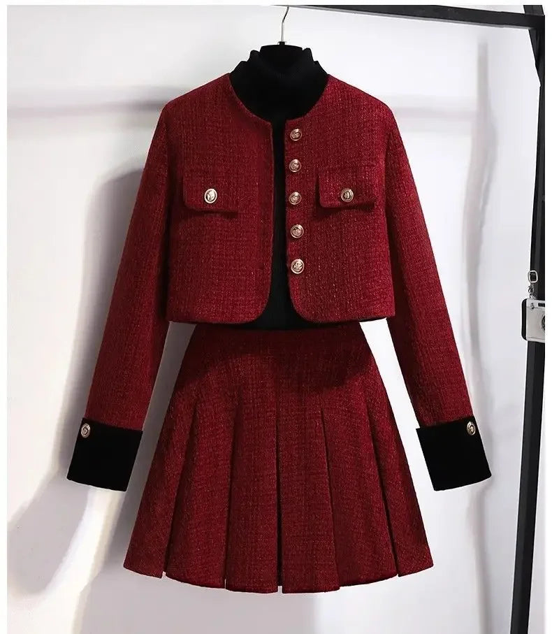 Women's Autumn Jacket & Skirt Set™ Thickened Plus Size Red Tweed Suit
