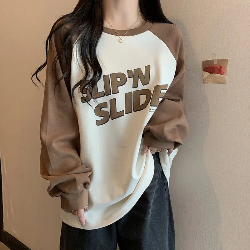 Women's Letter Printed T-Shirt™ Autumn Winter Thickened Frosted Color Block Shoulder Sleeve Lazy Loose Large Version Round Neck T-Shirt