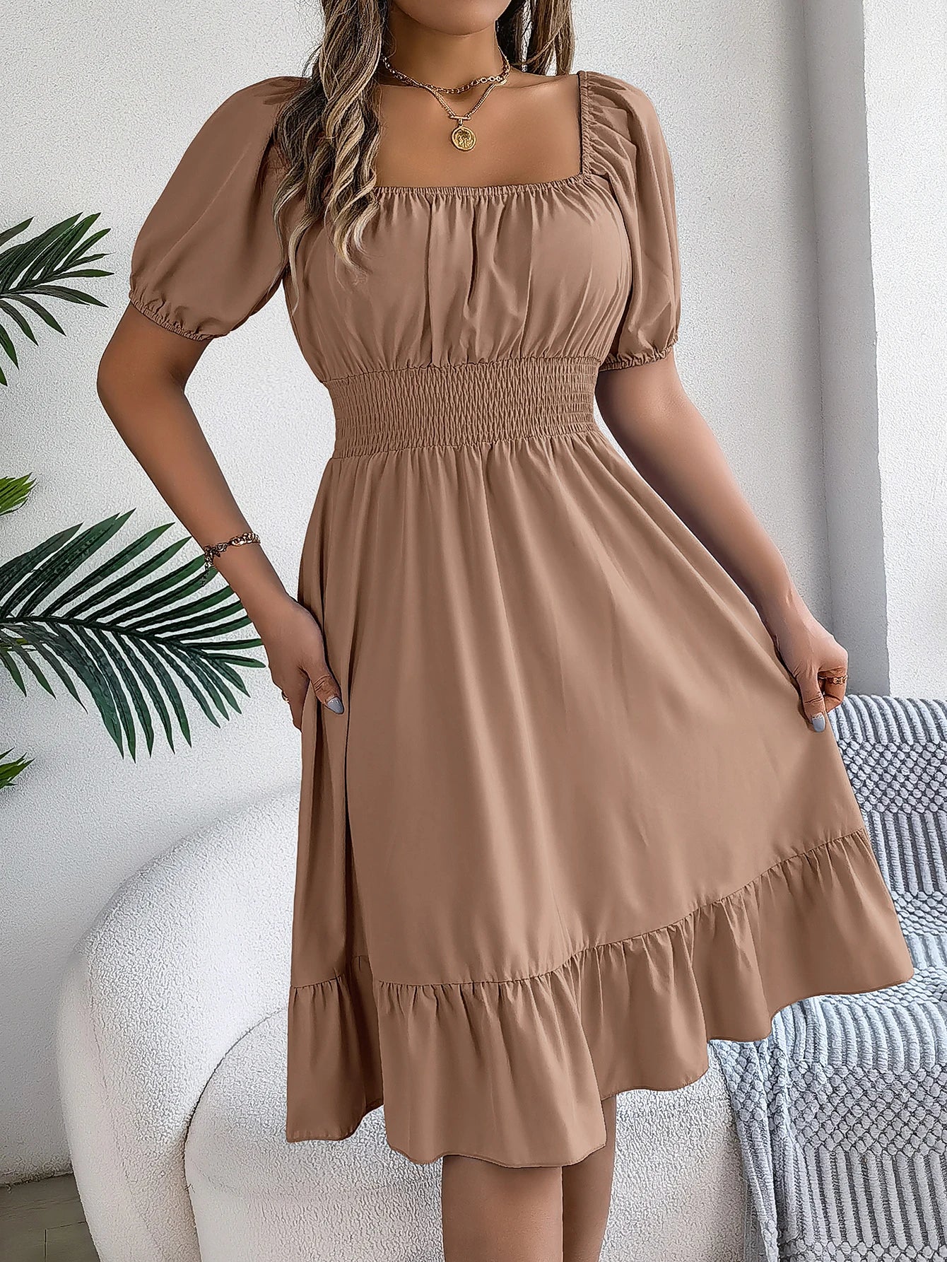Women's Solid Puff Sleeve Square Neck Dress™ Ruched Bust Ruffle Hem Waist Dress,