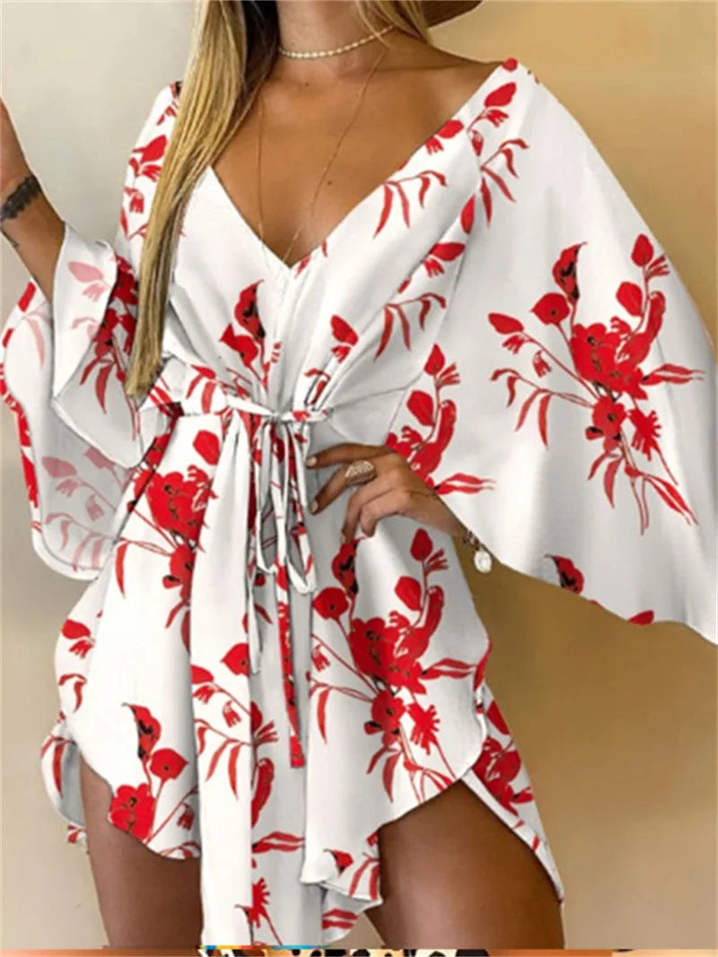 Women's Print V-Neck Bat Sleeve Ruffe Dress™ Flowers Print Bohemian Beach Mini Dresses