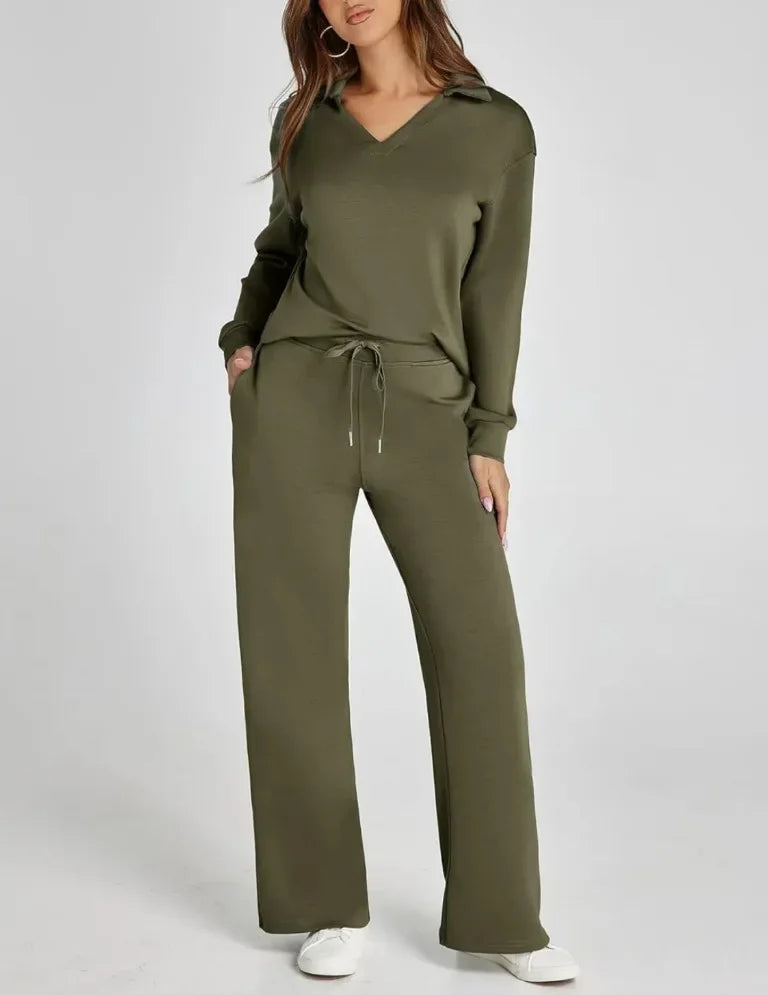Women's 2 Piece Set™ Loose Long Sleeve V-Neck Top with Drawstring Elastic Waist Bell BottomsSet