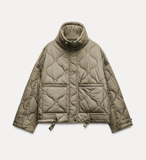 Women's Quilted Coat™ drawstring ties high neck pocket clip cotton jacket for women