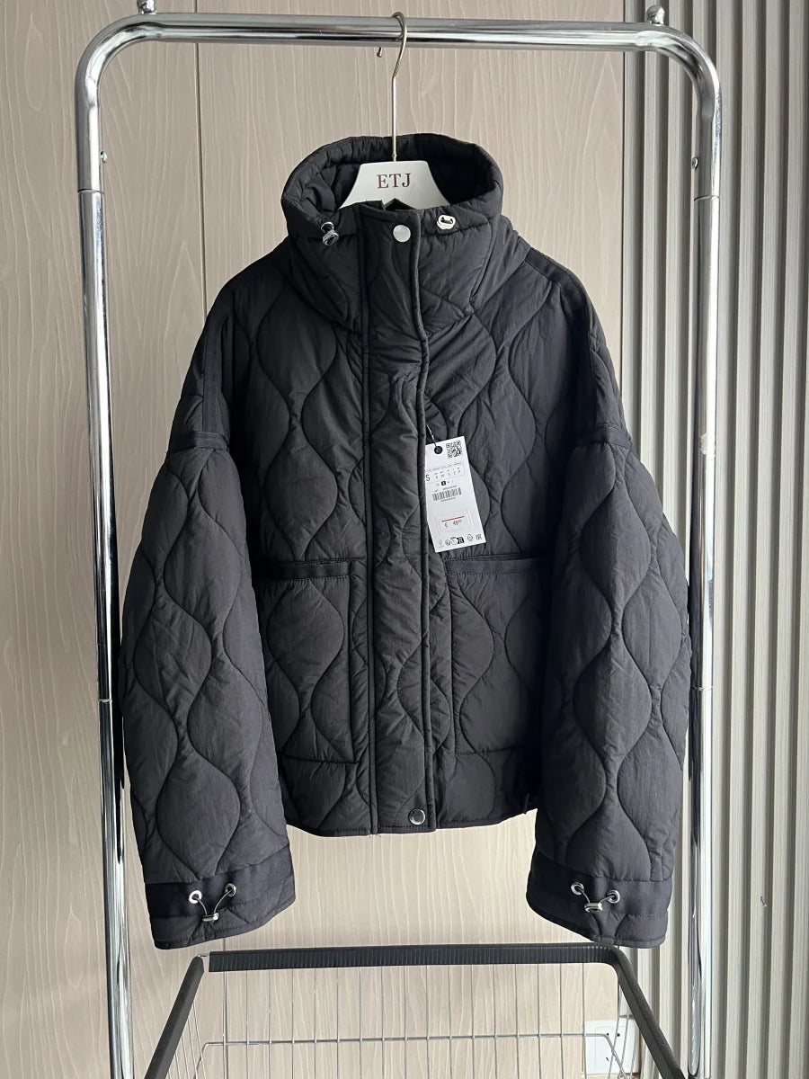 Women's Quilted Coat™ drawstring ties high neck pocket clip cotton jacket for women