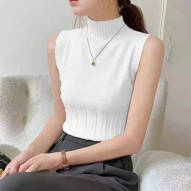 Women's HELIAR Summer Knitted Tank Tops™ Solid Sleeveless Half High Collar Slim Base T-Shirts