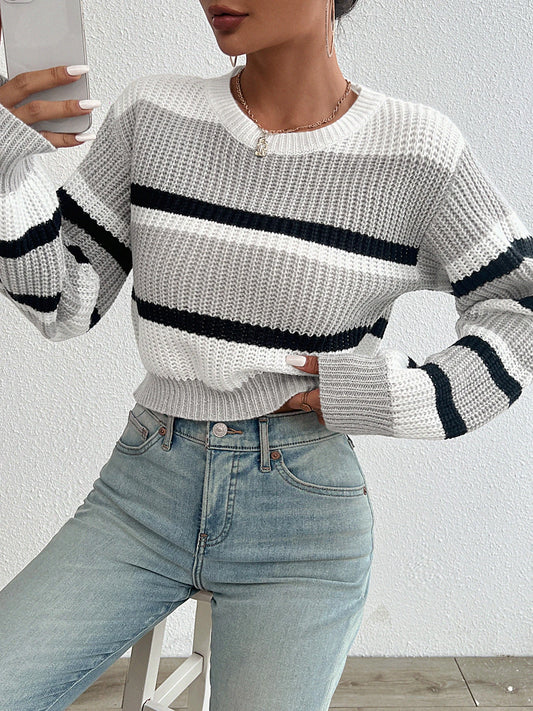Women's loose drop shoulder round neck sweater™ color knitted long sleeve sweater