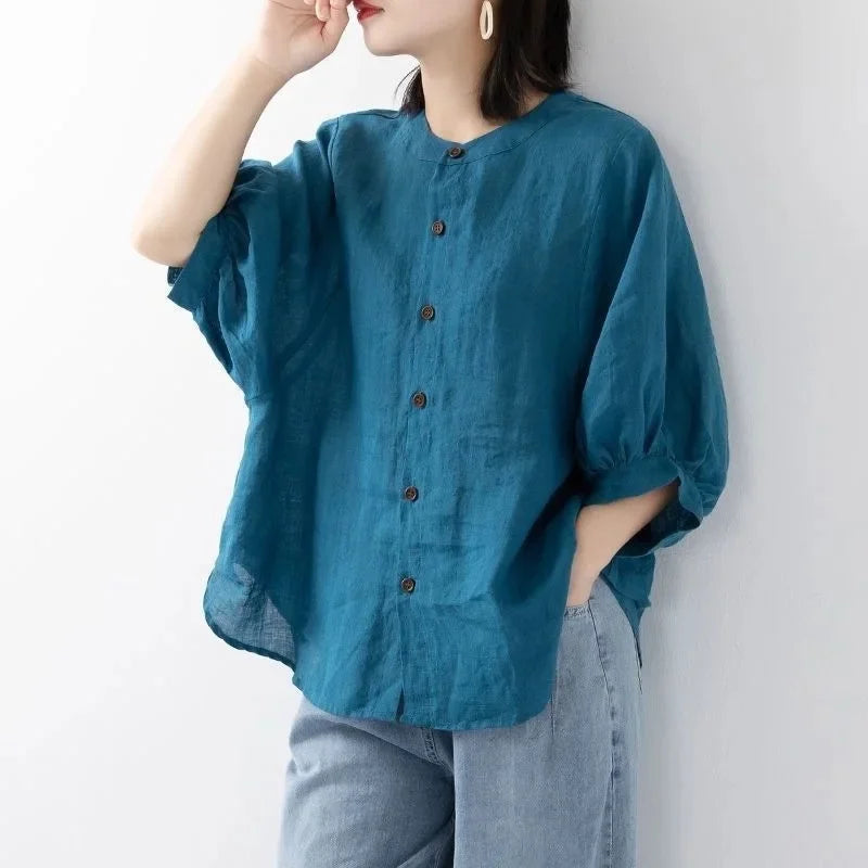 Women's Cotton Linen Shirts™ Loose Fit Round Neck Plus Lantern Sleeve Shirt
