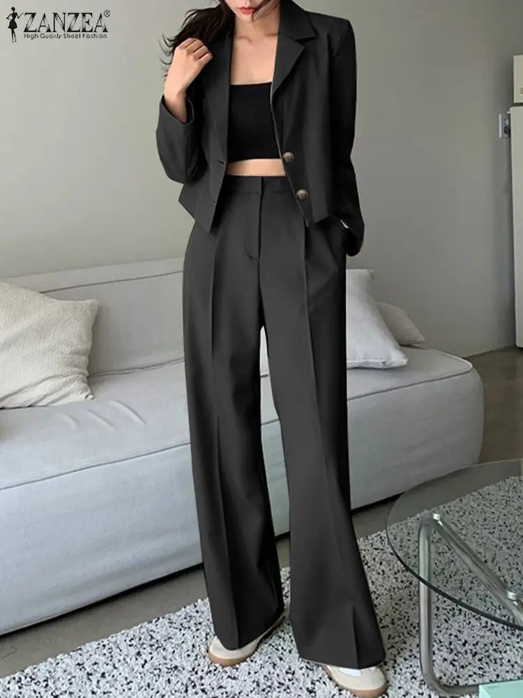 Women's Vintage Tracksuit™ ZANZEA Elegant Blazer Long Sleeve Tops Wide Leg Pants Work Suit