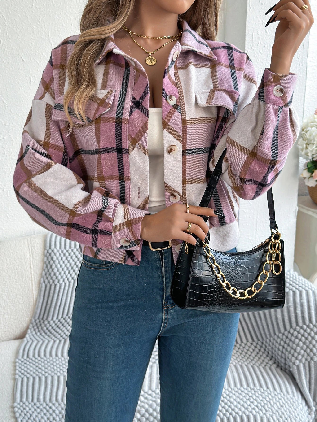 Women's Plaid Short Coat™ Lantern Long Sleeve Turn-Down Collar Button Woolen Jacket
