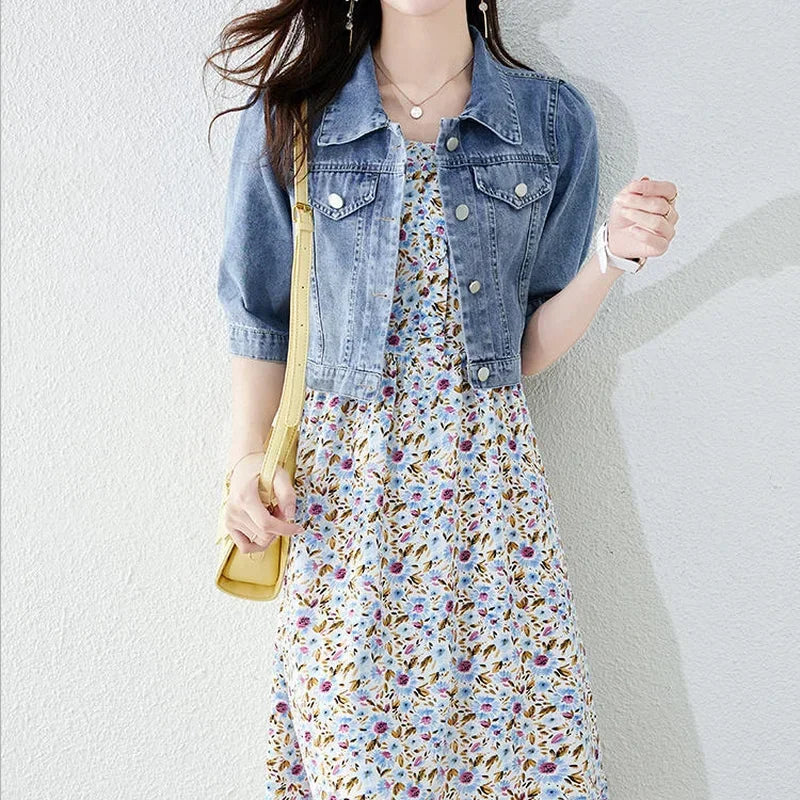 Women's Vintage Crops Turn Down Collar Jackets™ Half Sleeve Denim Fit Harajuku Outwear