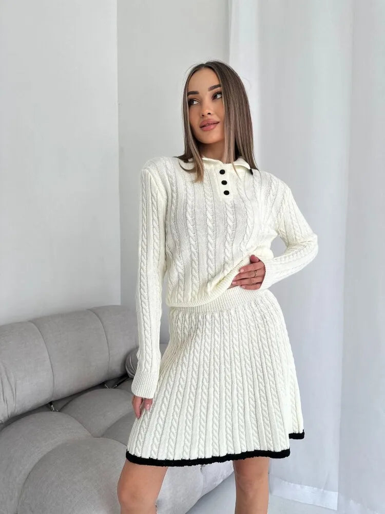 Women's Knitted Set™ Long Sleeve Lapel Buttons Knitting Sweater Short Skirt Sets